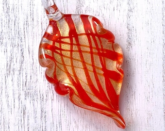 Lampwork glass leaf pendant, 1 pc, 2.3 x 1.2" glass charm for DIY nature inspired crafts, with gold sand and 5 color options (A0029)