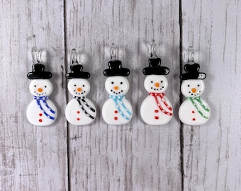 Glass snowman pendant for necklace, big charms jewelry making supply, easy Christmas crafts, glass snowman ornaments, lampwork glass, 2 pcs