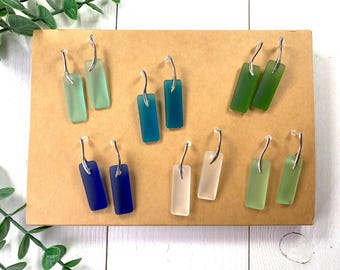 Sea glass earrings, rectangular frosted glass dangle stud, silver earrings for ocean lover, cultured beach glass vacation, wedding jewelry