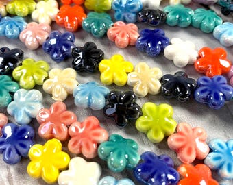 Porcelain flower beads for necklace or earrings, 30 pcs, ~11mm with 1.5mm hole, pearlized mixed color ceramic small flower beads for jewelry