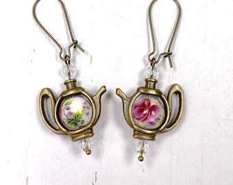 Teapot earrings w/ floral porcelain bead, Victorian tea party vintage-inspired dangle earrings, whimsical cottagecore tea lover gift for mom