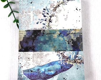 Ocean-theme collage style scrapbook paper pad, 100 sheets 50 designs, vintage style oceanic maps, marine life, blue hues with typeface print