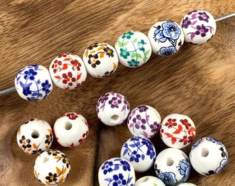 Ceramic flower beads for beadable items, round porcelain focal beads with floral print, jewelry making supplies, 12mm, big 3mm hole, 10 pcs