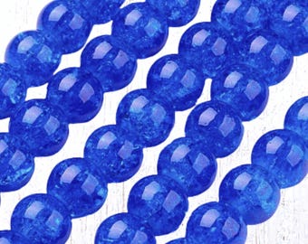 75 pcs crackle glass beads in royal blue, 10 mm, 1.4 mm hole, round sparkly beads