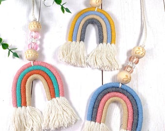 Macrame rainbow car charm diffuser, boho rearview mirror hanger, essential oil car diffuser, nursery decor, fiber art rainbow ornament