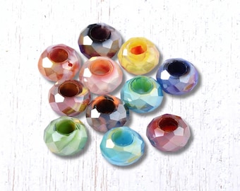 Large hole multicolor glass faceted beads, 13.5x7.5 mm assorted mixed color faceted European beads no metal core, 10 or 50 (C0117)