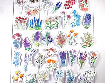 Flower sticker pack, assorted waterproof PVC stickers, boho chic floral bundles, flower head stickers for junk journals, scrapbooking, 48-50