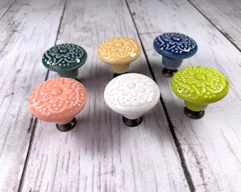 Garden stake topper, porcelain drawer knobs and pulls, floral drawer knobs, colorful flower drawer pulls for DIY fairy garden wand, set of 3