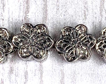 Large hole metal flower beads, alloy beads for DIY fairy wand or garden stake, European silver spacer floral bead for bracelets, 10 pcs