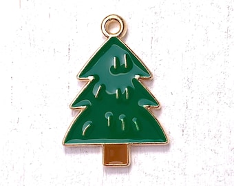 Pine tree charm, 10 pcs, 23x16mm alloy evergreen fir tree charm with enamel and golden finish, for woodland theme jewelry (L0320)