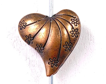 5 puffy copper heart beads with floral design, alloy focal beads for jewelry making, 24x10mm double-sided large 1.9mm hole (L0318)