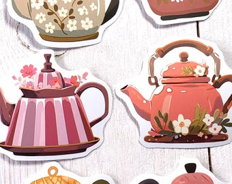 50 tea time stickers, assorted boho teapots, kettles, florals, waterproof PVC stickers, garden tea party stickers for cards, bujo