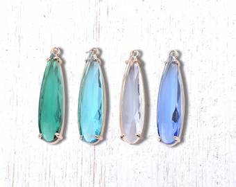 Glass teardrop pendants, 2 pcs, 32.5x8.5mm tranparent faceted stones in lt gold brass setting, pretty glass jewels for jewelry (A0006)
