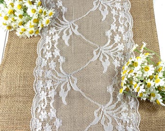 Burlap table runner with floral lace, 11.8x70.8" natural jute table runner with lace trim, tea party decor, neutral tablescaping for showers