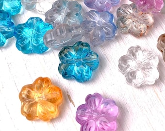 20 glass flower beads, 13mm transparent glass beads in assorted soft color mix, 5 petal sakura flower beads for floral jewelry (A0044)