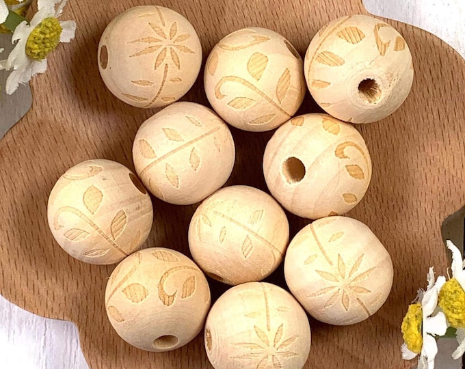 Featured listing image: Engraved wood beads with flower and leaves, 19mm large hole unfinished beads for DIY garland and tassels, floral print diffuser beads, 10 pc