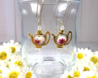 Teapot earrings w/ floral porcelain bead, Victorian tea party vintage-inspired dangle earrings, whimsical cottagecore tea lover gift for mom