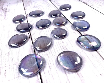 Jumbo iridescent icy lavender glass gems, 15 pc, approx 32mm glass garden stones, purple mosaic glass cabochons, vase filler