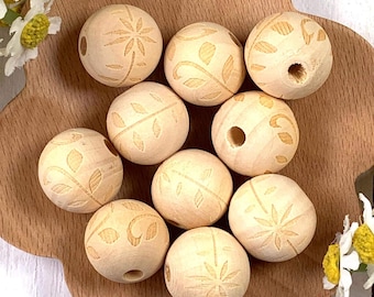 Engraved wood beads with flower and leaves, 19mm large hole unfinished beads for DIY garland and tassels, floral print diffuser beads, 10 pc