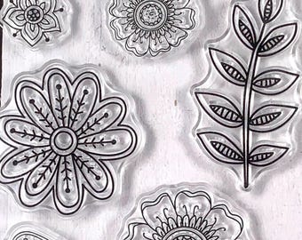 Clear stamp set with flowers and leaves, 24 silicone folksy boho floral and leaf stamps for scrapbooking, planners, junk journal, cards