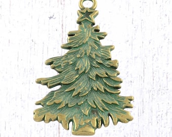 2 antique bronze pine tree pendants, 67.5x41.5 mm alloy oversized charms with patina for Christmas ornaments and crafts (G0225)
