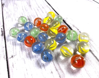 Ribbon swirl glass marbles, 25pcs, 14mm cat's eye style marbles clear with color ribbons, new machine made