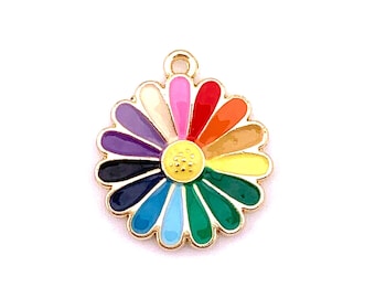 Rainbow daisy charms, 10 pcs, 20.5x18mm alloy flower charm with multicolor petals and golden finish, colorful pendants for jewelry