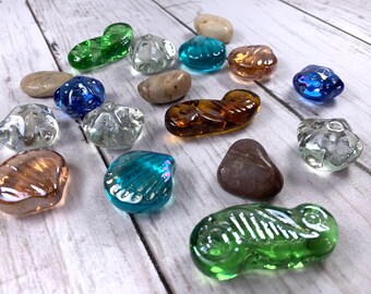 Glass gems and rocks, ocean theme vase filler, beachy glass stones mosaic supply, wedding table scatter, assorted cabochons, 15 assorted pcs