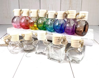 Set of 5 empty diffuser bottles, DIY hanging car freshies, small bottle diffusers for essential oils, fillable pendant air freshener w/ cord