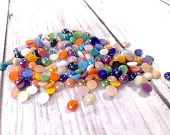 200 pcs porcelain glass half round cabochons, 6 or 13mm opaque pearlized glass dots, mixed color flat back undrilled cabochons (B0078)