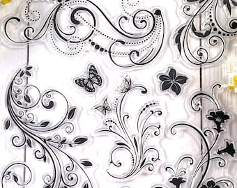 Floral vines and butterflies stamp set, 9 silicone stamps leafy, floral vines and scroll accents, scrapbooking, planner, junk journal, cards
