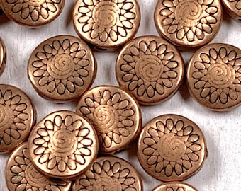 50 copper flat round beads with flower spiral design, 8.5mm alloy disc spacer beads for jewelry making, boho spiral energy beads 1.5mm hole