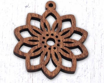 10 flower wood charms, 32.5x30mm laser cut pendants, mandala style flower for boho jewelry