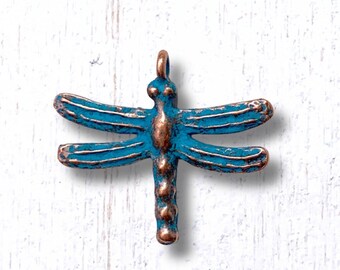 10 antique copper dragonfly charms, 24.5x27.5 mm insect alloy charms with blue patina for nature inspired crafts (G0219)