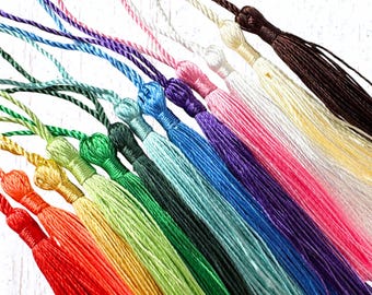 10 tassels with loop, approx. 4.9" total length (tassel ~3.1") color options available, embellishments for bookmarks and more