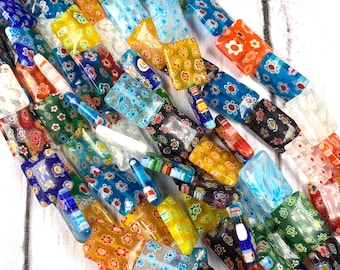 Millefiori glass flat rectangle beads, multicolor floral beads, colorful jewelry making beads, glass beads with flowers, 10/14/18 mm (A0024)