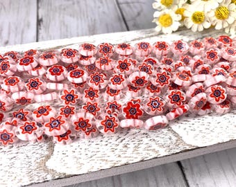 Millefiori glass flat oval flower beads, colorful glass floral beads for jewelry, mixed colors, blue, or red, 9-13.5mm, 30-38 per strand