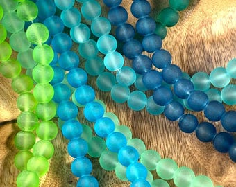 Frosted sea glass beads for beachy jewelry, 10 mm, 80 beads, ocean colors and more, cultured sea glass beads, round recycled glass beads
