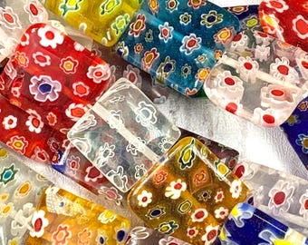 Millefiori glass flat square beads, multicolor floral beads, colorful jewelry making beads, square Murano glass with flowers, 10/12/16 mm