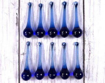 Blue glass drops pendants for necklaces, teardrop pendant for raindrop earrings, water droplet jewelry, chandelier crystals, 50 mm set of 10