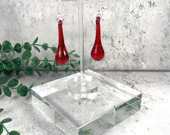 Red glass raindrop earrings, ruby red glass teardrop dangle earrings, Christmas bulb ornament jewelry, glass anniversary gift for wife