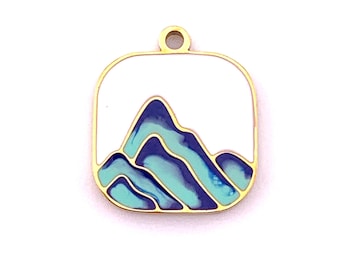 Mountain silhouette charms, 2 pcs, 17x14.5mm stainless steel with 18k gold plating, blue mountains square charm for nature themed crafts
