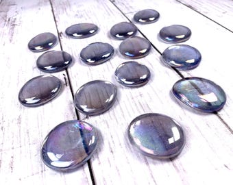 Jumbo iridescent icy lavender glass gems, 15 pc, approx 32mm glass garden stones, purple mosaic glass cabochons, vase filler, table scatter