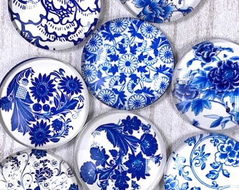 10 blue and white printed glass cabochons for jewelry, assorted 30mm printed flat back cabochon for pendants, crafts (B0092)