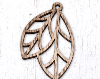 10 leaf wood pendants, 65.5x40.5mm laser cut pendants, double leaf pattern for nature-inspired crafts