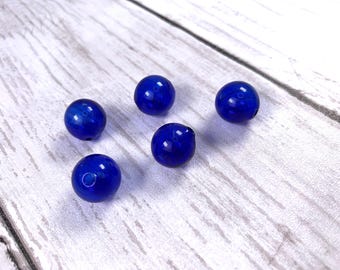 Blue blown glass beads, hollow glass globe beads for necklaces, glass bubbles for earrings, striped glass baubles, double hole, 13mm 5 pcs