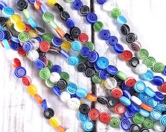 Millefiori glass flat round beads, multicolor spiral circles, colorful jewelry making beads, fun Murano glass with snail swirls, 6/8/10mm