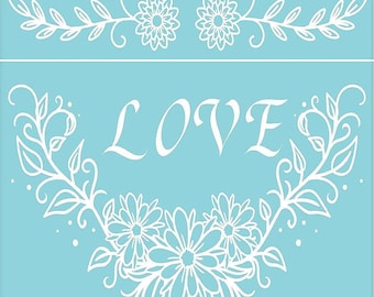 Silk screen stencil, LOVE floral swag pattern, 11x8.5" self-adhesive stencil for painting, etched glass, wood burning cream, reusable