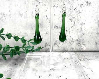 Green glass raindrop earrings, pretty glass teardrop dangle earrings, minimalistic water droplet jewelry glass anniversary gift for wife
