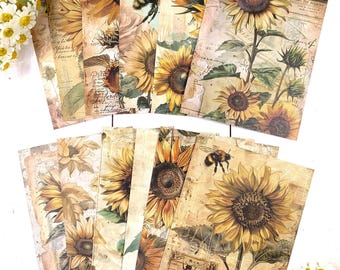 Sunflower scrapbook paper bundle, 12 collage style 3.9x5.7" pages, flowers and bees vintage style decorative paper for junk journals, cards